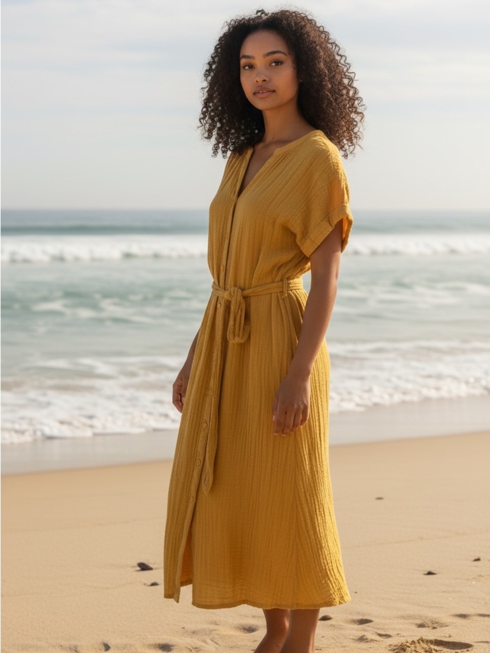 Wonderly: Made In India Short-Sleeve Mustard Midi Dress Cotton Gauze - Picture 5 of 5